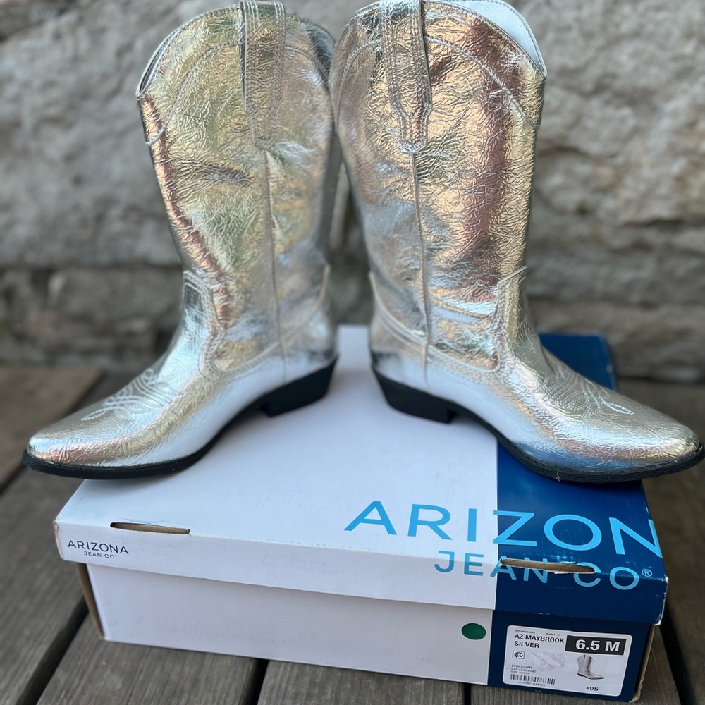 Arizona Jean Co Maybrook Silver Metallic Cowboy Boots Womens Sz 6.5 - Picture 2 of 8